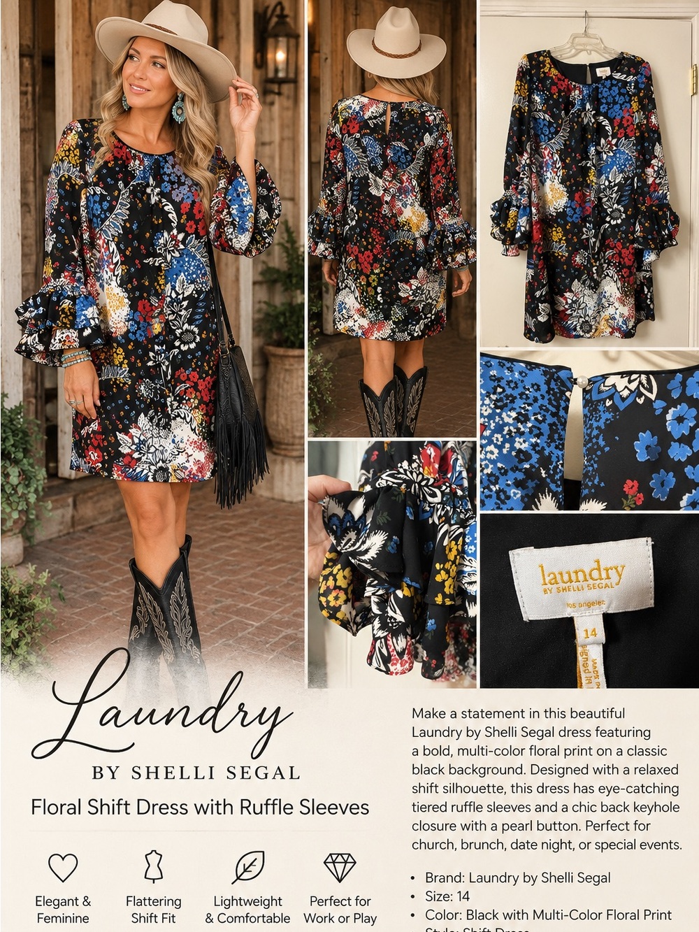 Laundry by Shelli Segal Floral Ruffle Sleeve Shift Dress Size 14